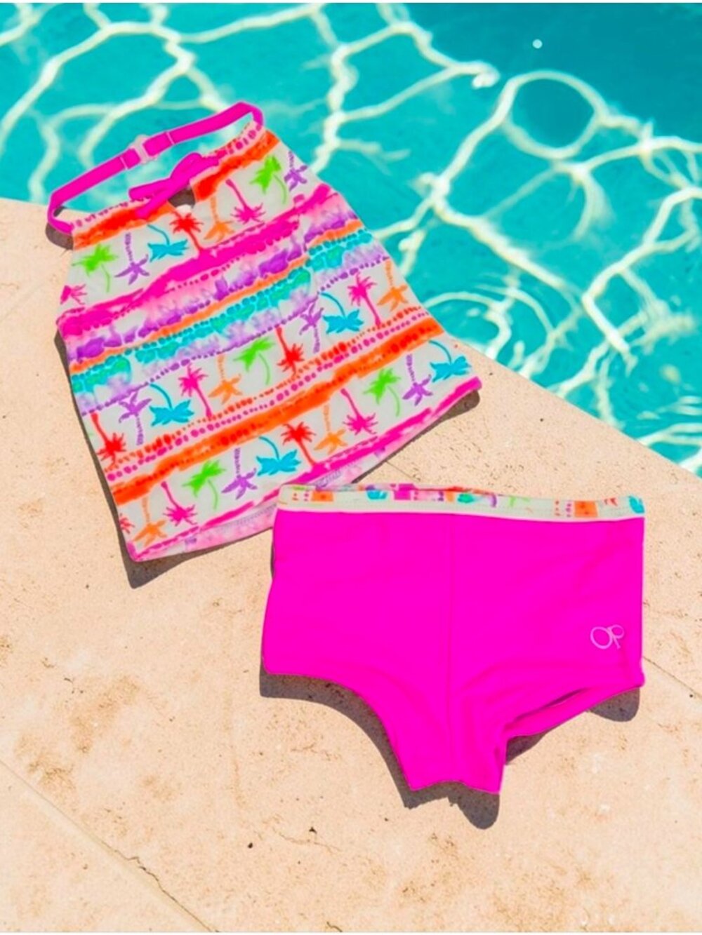 Toddler Girls 2-Piece Tankini Swimsuit Set Tropical Print & Neon Pink Bottoms Si